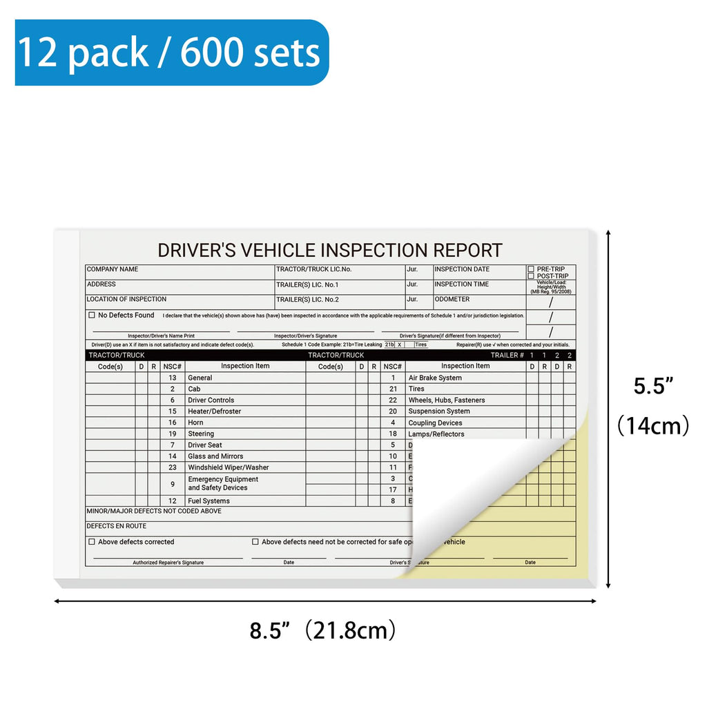 suituts 12 Pack Canadian Driver’s Vehicle Inspection Report Book/Forms, 2 Part Carbonless, 5.5 x 8.5 Inch Daily Pre-Trip Checklist Log for Truck Drivers (31 Sets Each Pack)