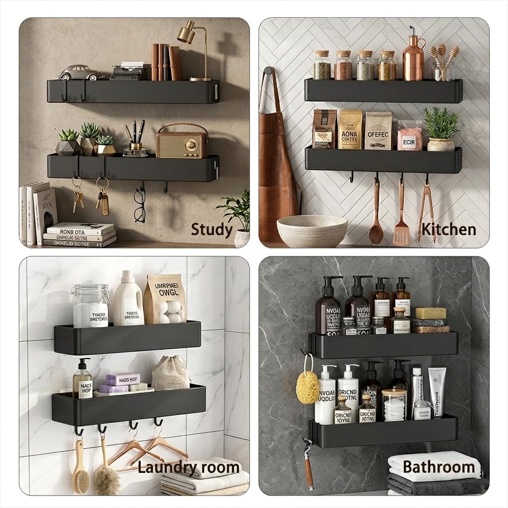 Gabeeriso Large Shower Caddy Bathroom Organizers and Shelves, No Drill Bathroom Shelf, Adhesive Rust Proof Shower Rack with Removable Hooks, Wall-Mounted Shower Holder, 40.5 x 12 x 6 cm, Black