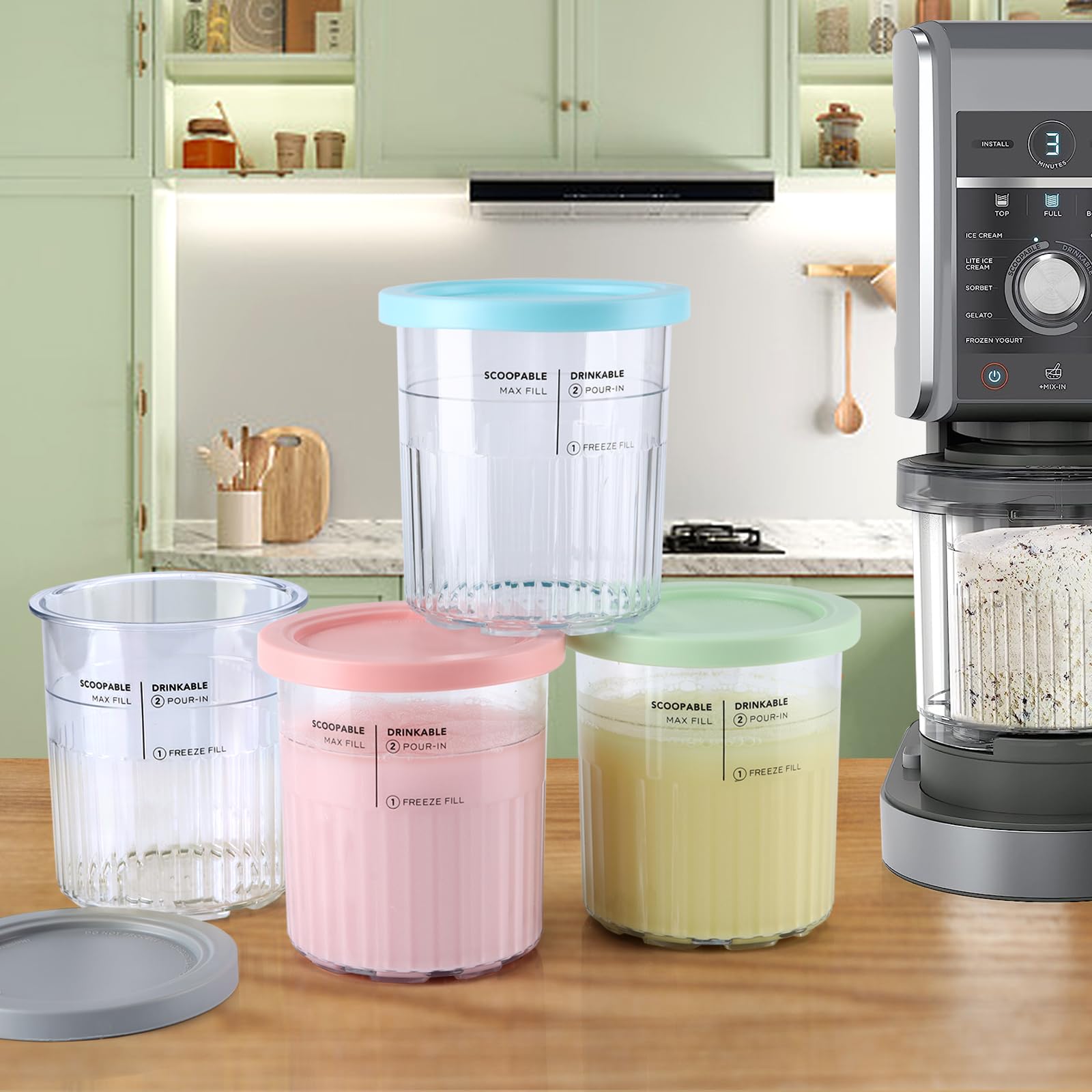 4 Pack Ice Cream Pints and Lids Compatible with Ninja Creami Deluxe Ice Cream Maker (NC501 Series) Ninja Creami Deluxe Containers
