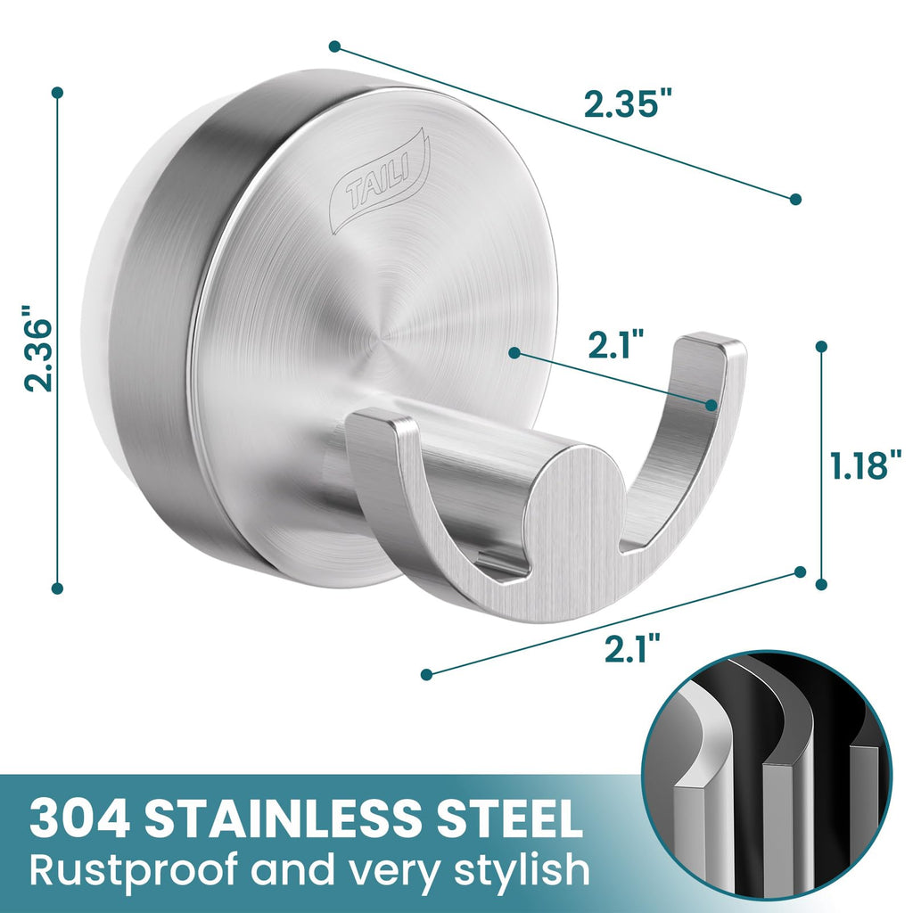 TAILI 304 Stainless Steel Bathroom Suction Hooks for Towel, Bathrobe, Loofah, Patented Strong Suction Cup Holder, No Damage Hanging Glass Shower Wall Hook, Double-Hook Sleek Design, 2 Pack