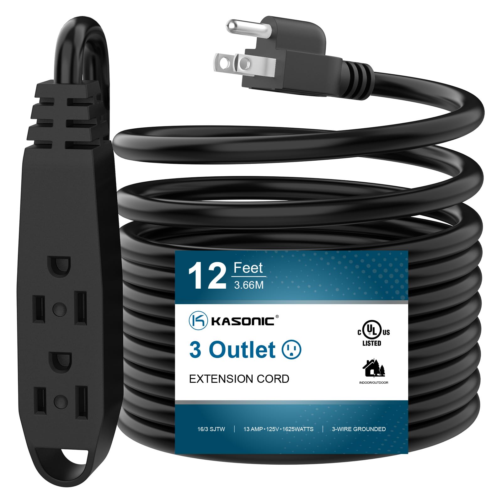 12-Feet 3 Outlet Extension Cord, Kasonic UL Listed, 16/3 SJTW 3-Wire Grounded, 13 Amp 125 V 1625 Watts, Multi-Outlet Indoor/Outdoor Use, Black