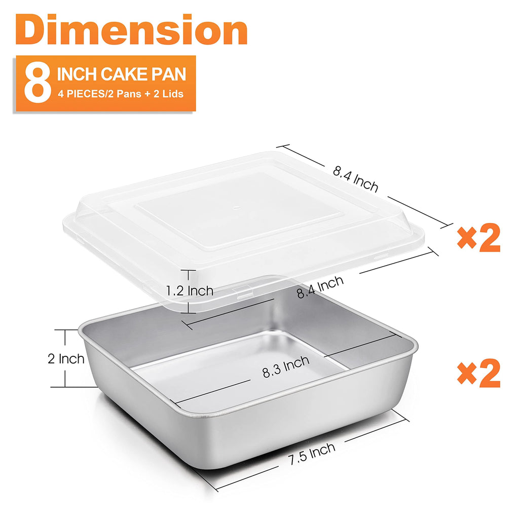 Herogo 8”x 8” Square Cake Pan, Stainless Steel Square Baking Pan with Lid, Cakes Brownie Lasagna Bakeware Set of 2, Healthy & Dishwasher Safe