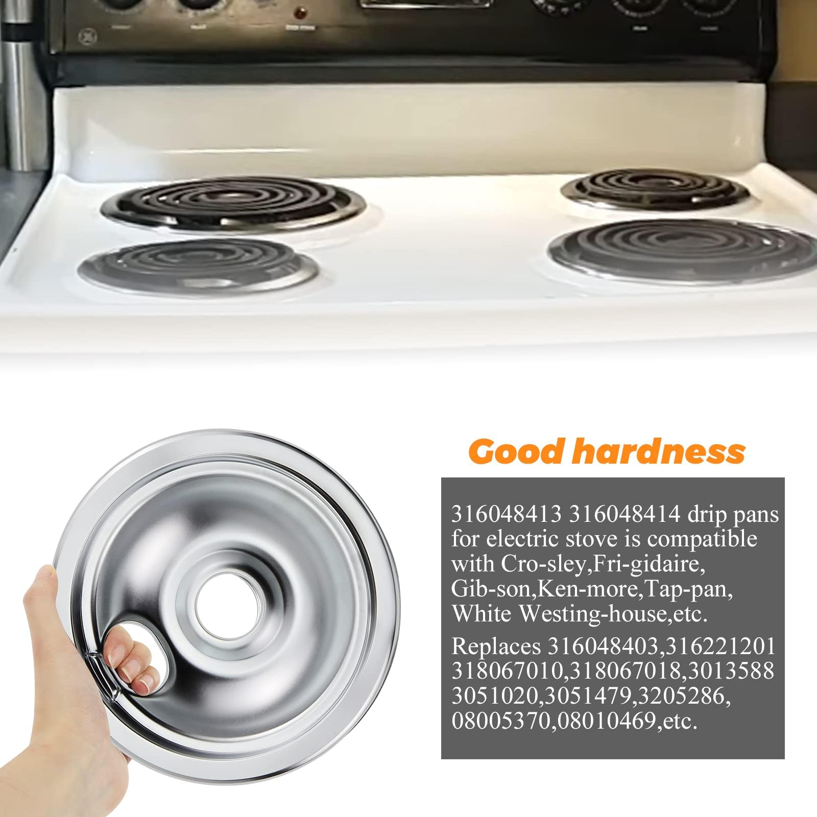 316048413 and 316048414 Chrome Stove Burner Drip Pans Replacement Compatible with Frigidaire Whirlpool Electric Range Include 2 x 6 in, 2 x 8 in