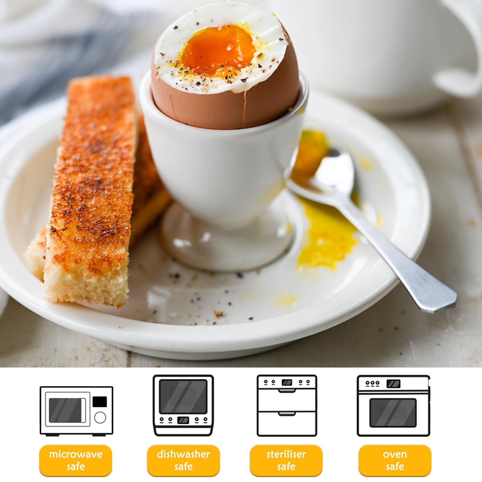RHAFAYRE Egg Holder for Boiled Eggs, 4 Pack Porcelain Egg Cups for Soft Hard Boiled Eggs Breakfast Dinner, 5 cm x 9 cm, White