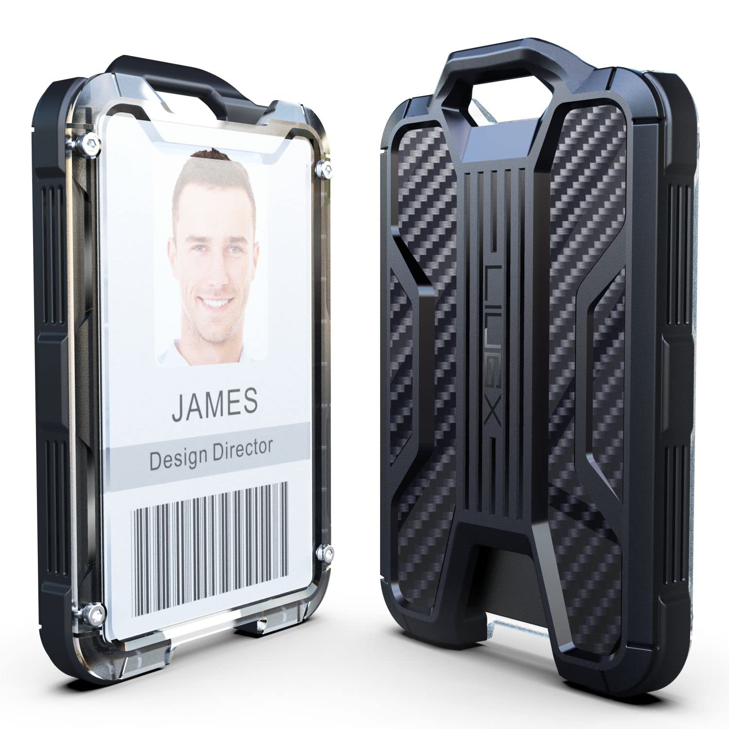 LIUGX Retractable Badge Holders, Heavy Duty Carabiner Keychain,Durable ID Card Holder (Holds 4 Cards), Carbon Fiber-Texture, with 31.5”Badge Reel Key Chain, 10,000+ Rebound, Silver-Black