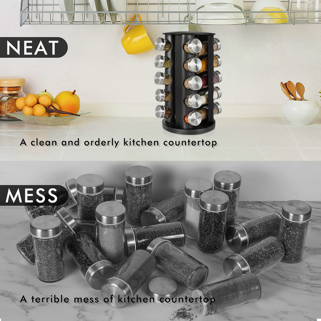 Spice Rack, Spice Rack Organizer for Countertop, Rotating Spice Rack with Jars, Spinning Spice Rack Shelf, Revolving Spice Rack for Kitchen (Black)