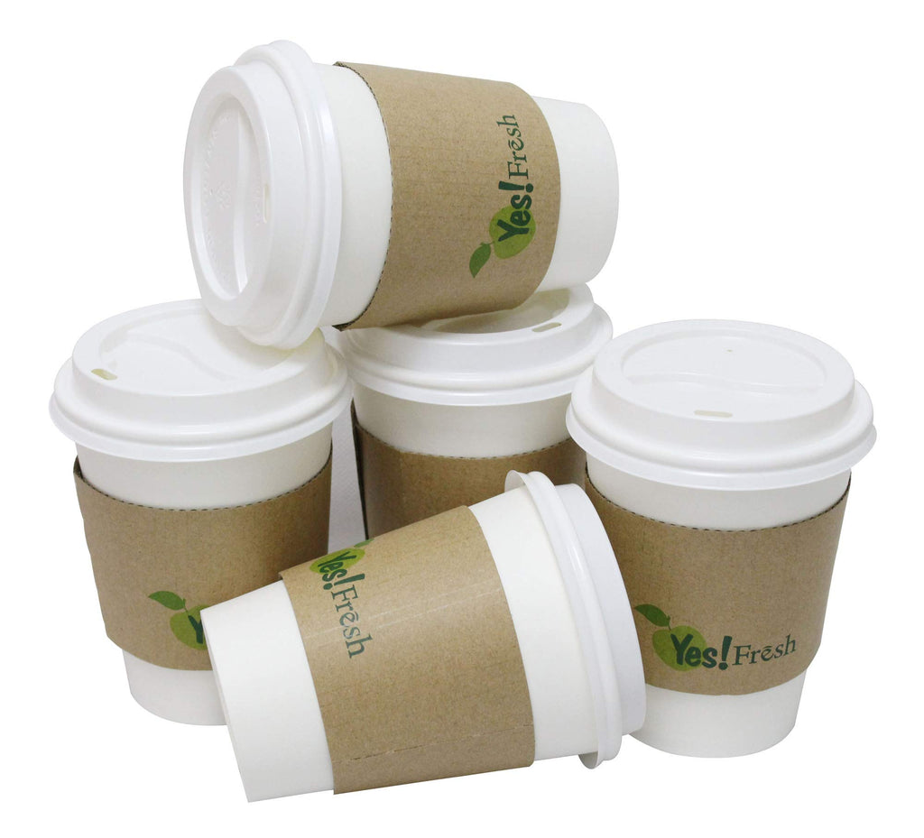 Durable White Paper Hot Coffee Cups with Cappuccino Lids and Protective Corrugated Cup Sleeves, Qty of 50 (White 12oz)