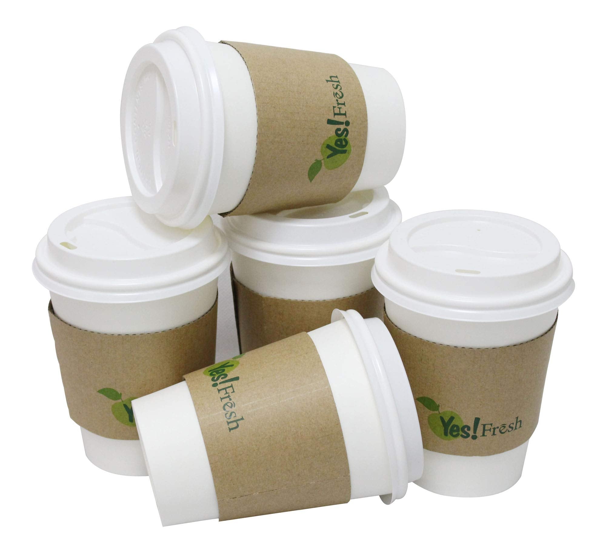 Durable White Paper Hot Coffee Cups with Cappuccino Lids and Protective Corrugated Cup Sleeves, Qty of 50 (White 12oz)
