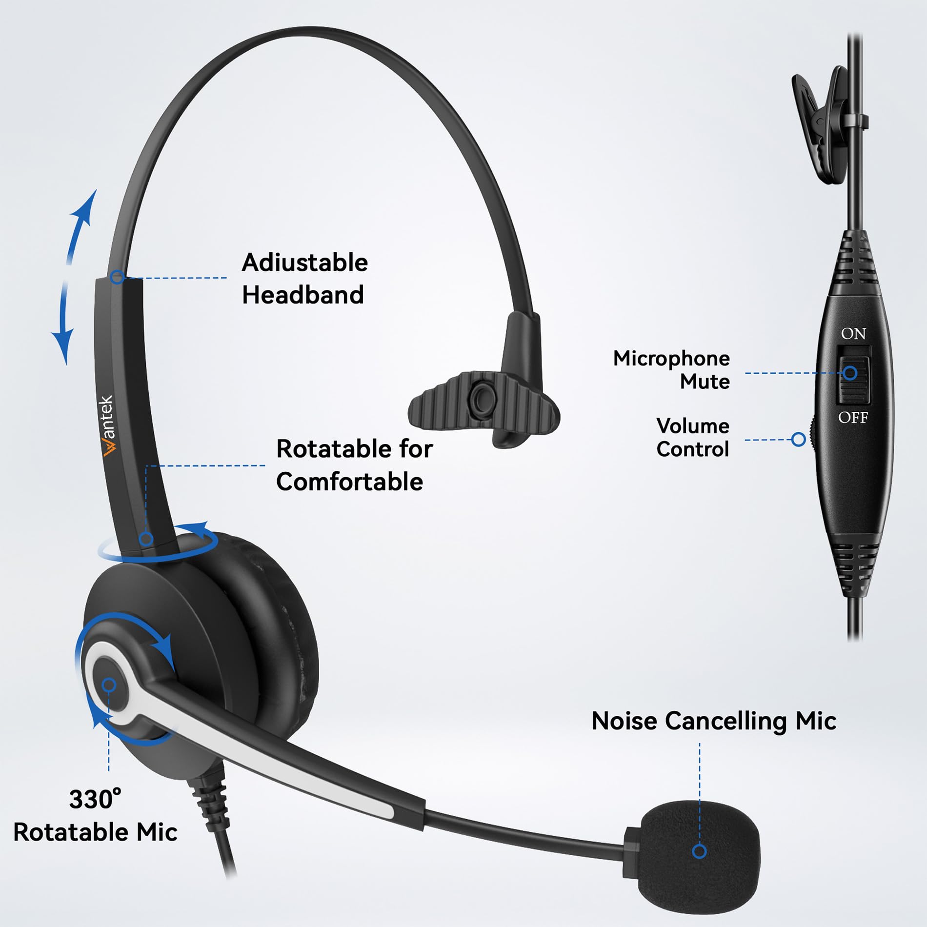 Wantek Corded Telephone Headset Mono w/Noise Canceling Mic for ShoreTel Plantronics Polycom Toshiba NEC Dterm Nortel Norstar Meridian Siemens ROLM Packet8 Landline Deskphones