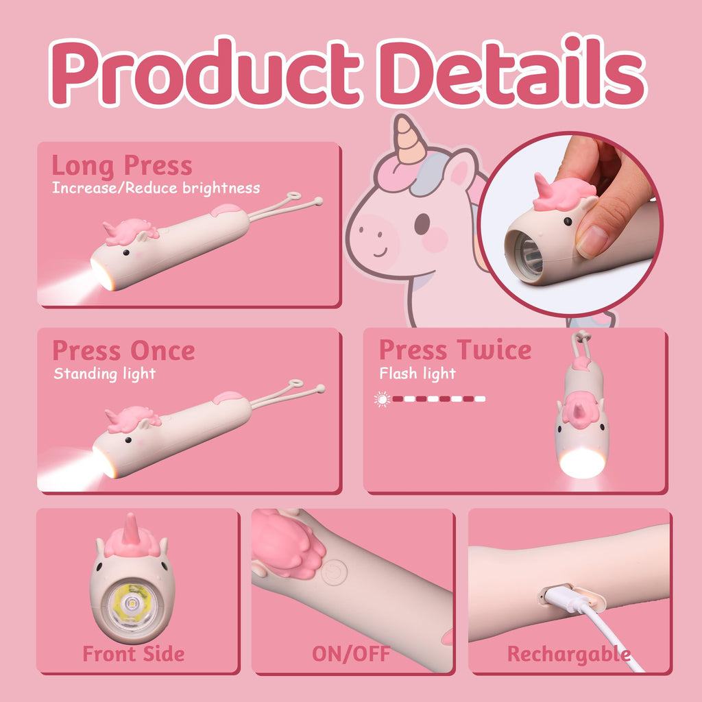 Ammonite Cute Unicorn Dimmable Silicone Flashlight, Portable Animal Flashlights with Hanging Strap, Compact Rechargeable Camping Light for Hiking Emergencies and Outdoor Use