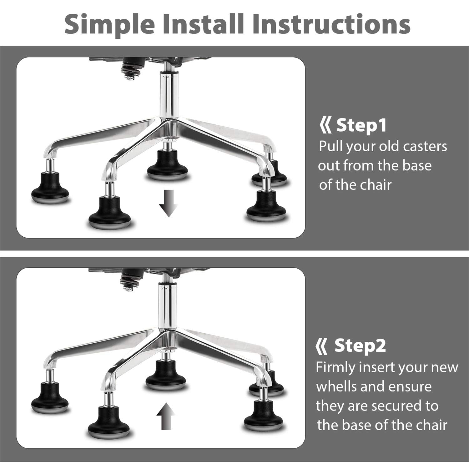 uvce Bell Glides Replacement Office Chair Swivel Caster Wheels to Fixed Stationary Castors, Short Profile with Separate Self Adhesive Felt Pads Black 5pcs