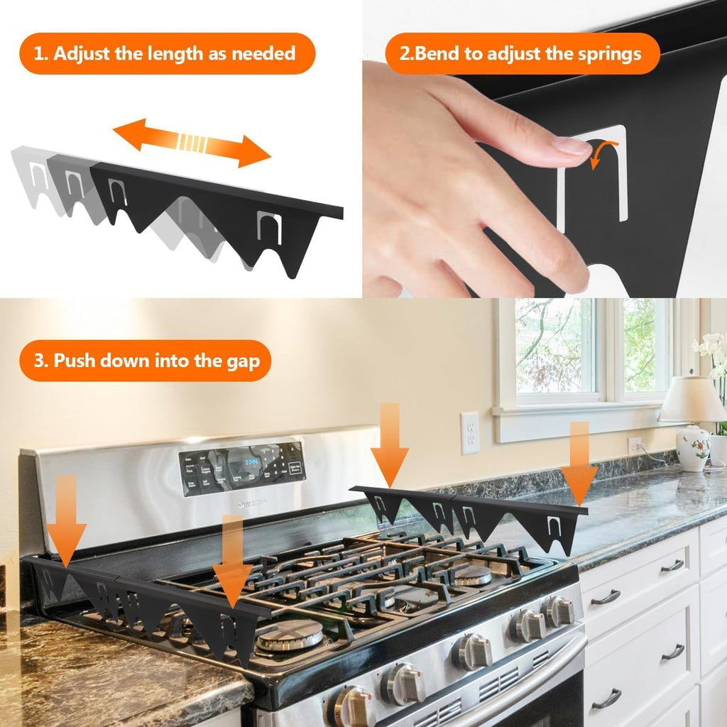 FLSEPAMB Stove Gap Covers Stainless Steel, Stove Counter Gap Cover Heat Resistant & Easy to Clean Stove Gap Filler Between Counter Trim Kit for Countertop, Length 13.8" to 27.6", Black (2 PCS)