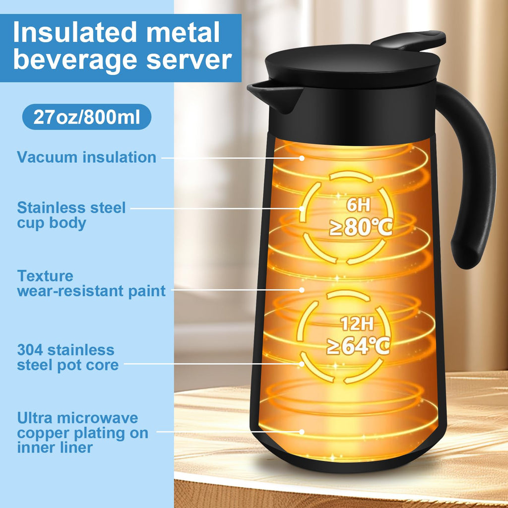 2 Pcs Thermal Coffee Carafe for Keeping Hot/Cold, 27oz Stainless Steel Double Wall Vacuum Carafe,Small Thermal Pot Flask for Coffee,Tea,Hot Water,Hot Beverage(Black)