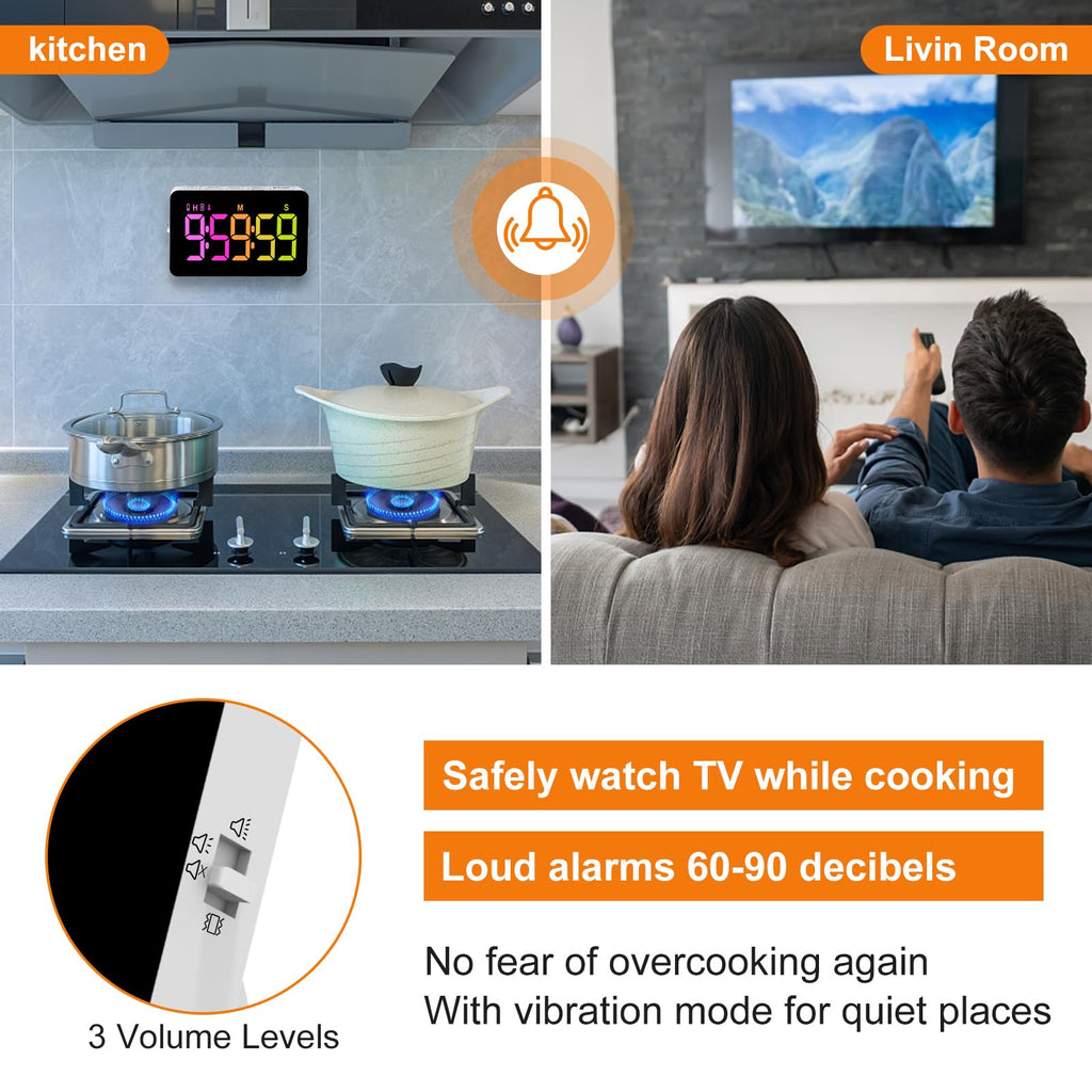 Kitchen Timer for Cooking, 10 RGB Color Changing Digital Magnetic Timer, Countdown/Up, Rechargeabilit, 3 Brightness Display, 3 Volume Levels and Vibration Mode, for Classroom, Home, Study, Fitness