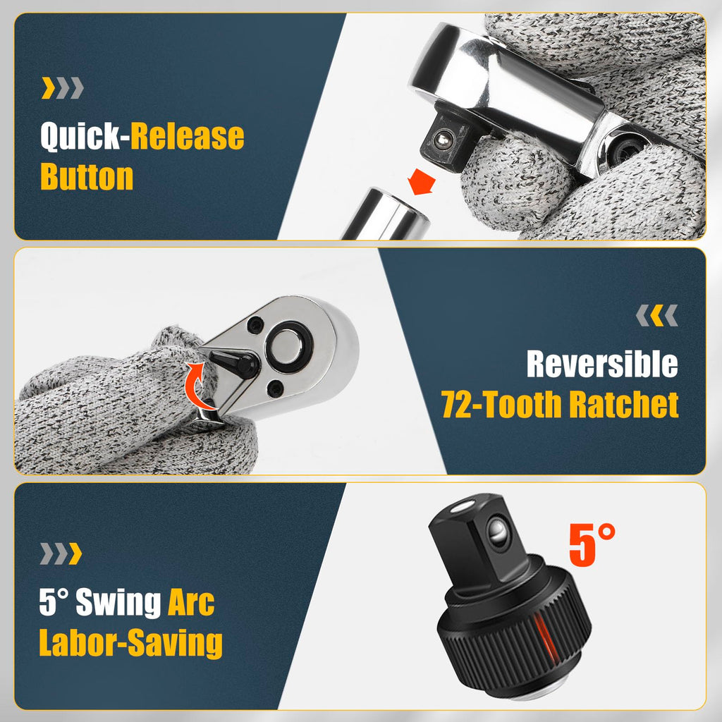 YIYEIE 3/8" Drive Flex Head Ratchet, 72 Tooth Swivel Head Ratchet, Quick-Release, CR-V Steel, Flexible Ratchet Wrench with EVA Foam | 10 Inch Long