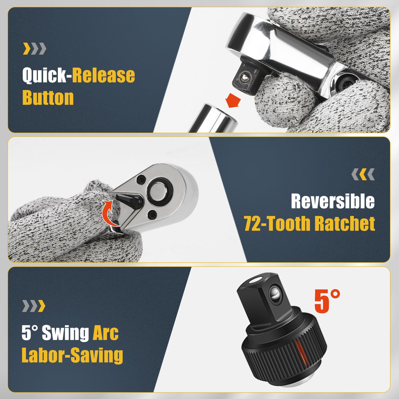YIYEIE 3/8" Drive Flex Head Ratchet, 72 Tooth Swivel Head Ratchet, Quick-Release, CR-V Steel, Flexible Ratchet Wrench with EVA Foam | 10 Inch Long