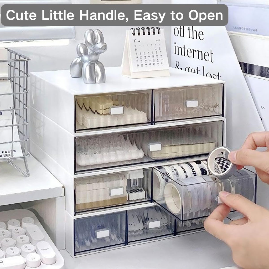 Hacaroa 3 Tier Mini Desk Organizer with 6 Drawers, Plastic Desktop Drawers Storage Box, Stackable Makeup Organizer Craft Storage Case for Office, School, Bathroom, Detachable Design, White