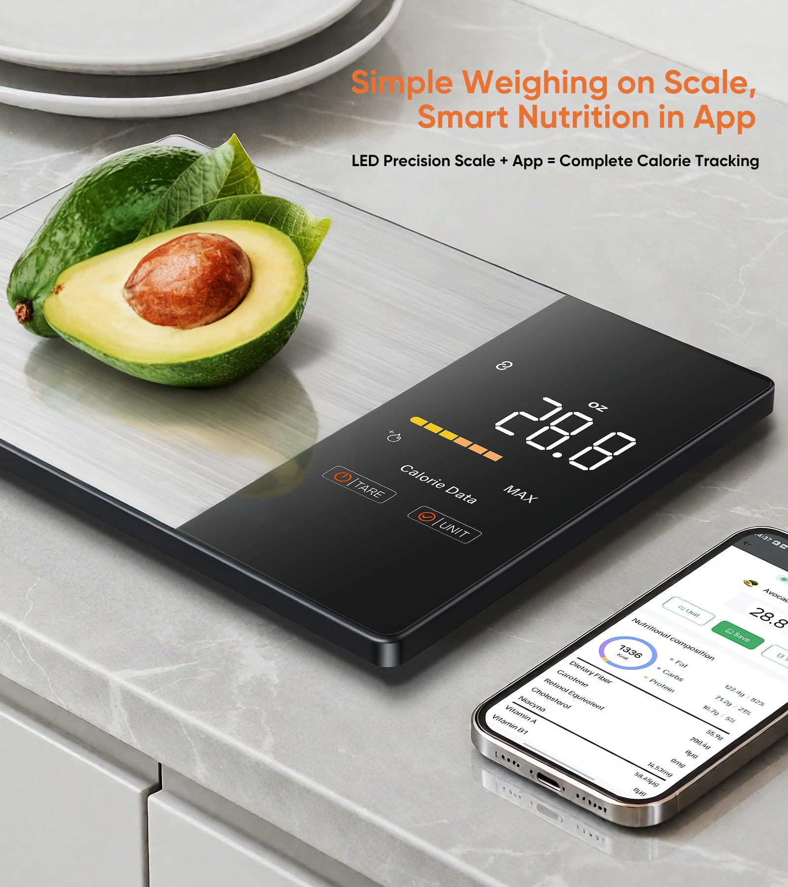 Smart Nutrition Food Scale for Cooking,1g Precision Digital Kitchen Scale with Nutritional Calculator app Tracking Calories, Fat, 23 Nutrients for Diet Cooking & Healthy Meals with LED Display