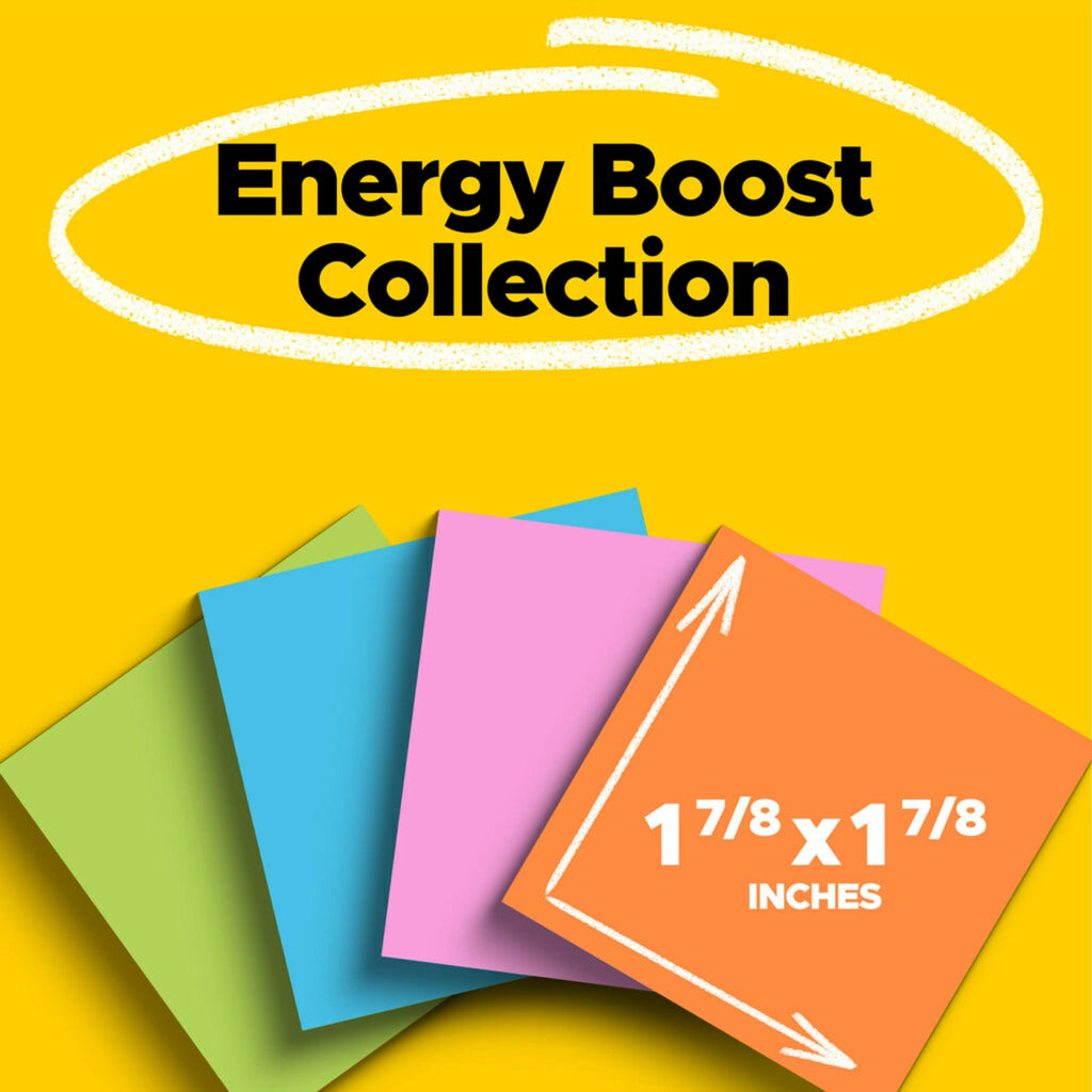 Post-it Super Sticky Notes, 18 Sticky Note Pads, 1 7/8 x 1 7/8 in., School Supplies, Office Products, Sticky Notes for Vertical Surfaces, Monitors, Walls and Windows, Energy Boost Collection
