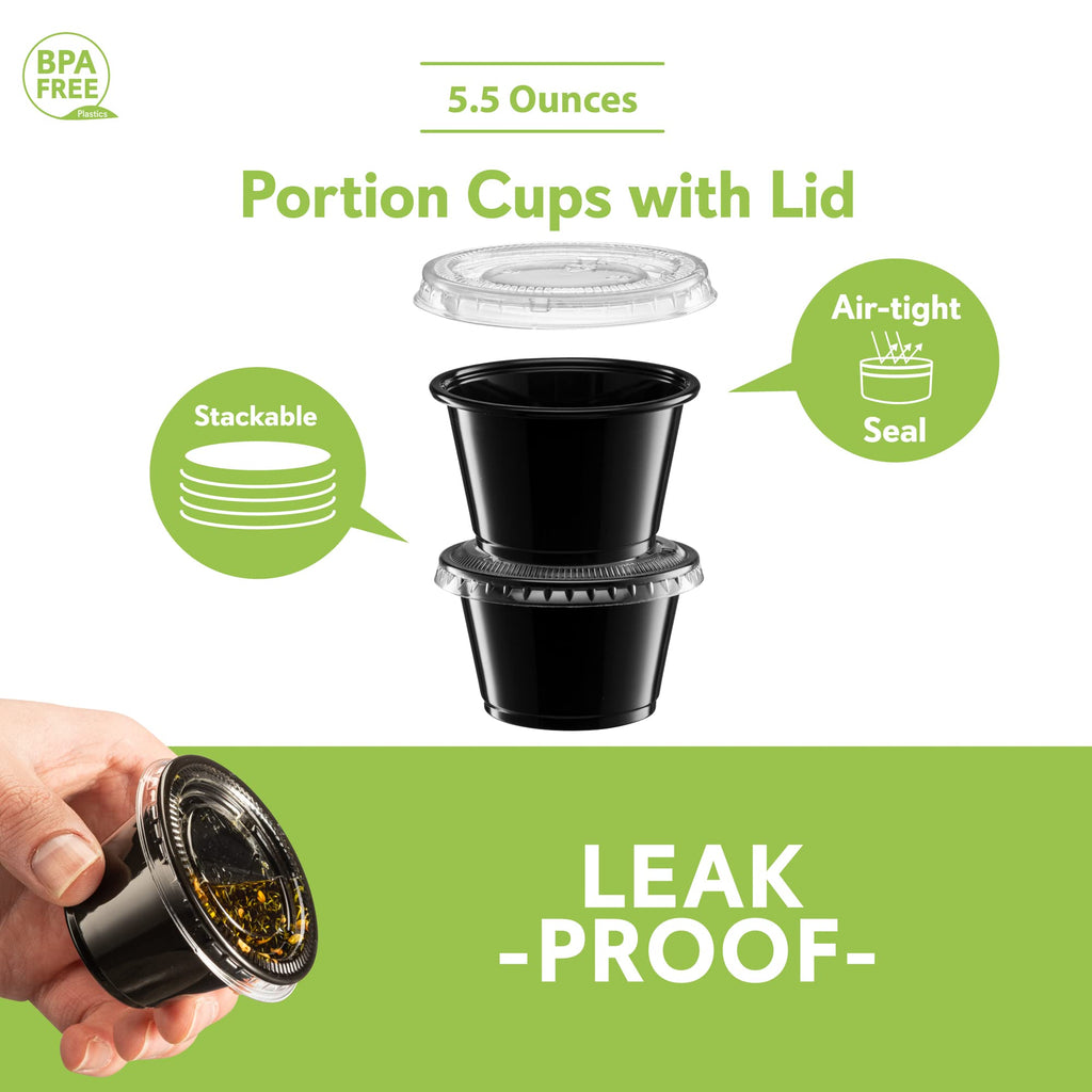(5 oz - 100 Sets) Black Diposable Plastic Portion Cups With Lids, Small Mini Containers For Portion Controll, Jello Shots, Meal Prep, Sauce Cups, Slime, Condiments, Medicine, Disposable Souffle Cups