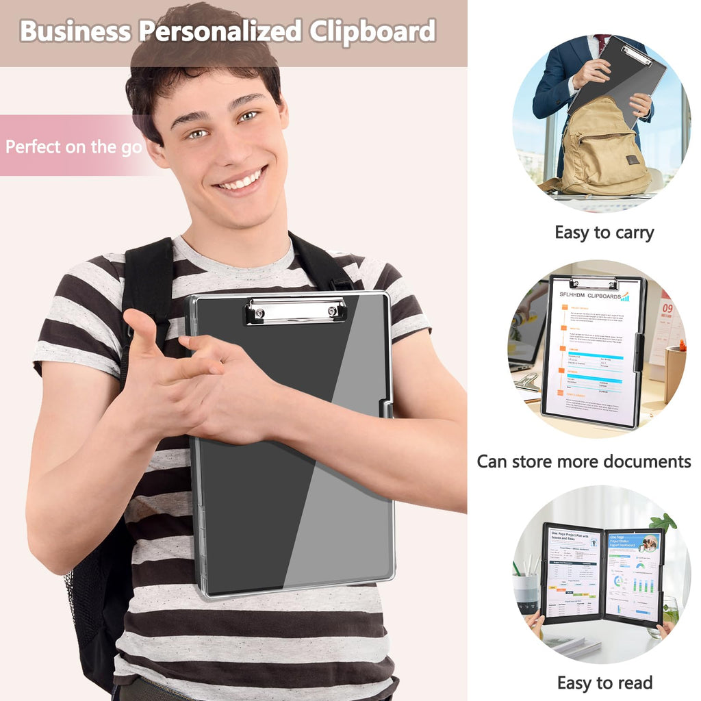 SFLHHDM Clipboard with Storage,Heavy Duty Clip Boards 8.5x11 with 2 Storage Case,Clear Visible Top Panel Storage Clip Board,Side Opening Board,Nursing Clipboards Folder Case for Office-Black