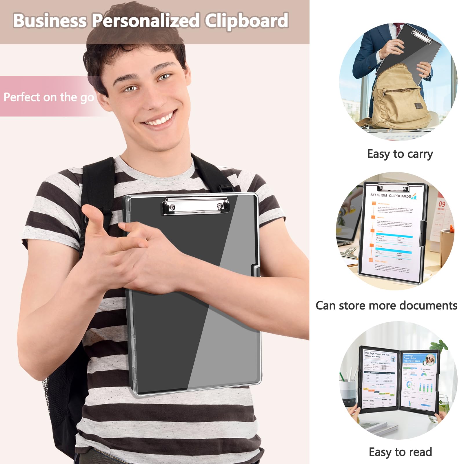 SFLHHDM Clipboard with Storage,Heavy Duty Clip Boards 8.5x11 with 2 Storage Case,Clear Visible Top Panel Storage Clip Board,Side Opening Board,Nursing Clipboards Folder Case for Office-Black