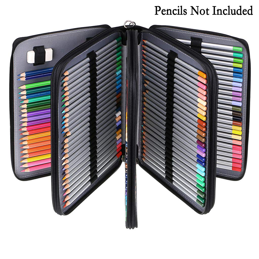 BTSKY 200 Slots Colored Pencil Case - Deluxe PU Leather Pen Pencil Holder with Removal Handle Strap Pencil Case Organizer Large Capacity for Colored Pencils Watercolor Pencils, Black