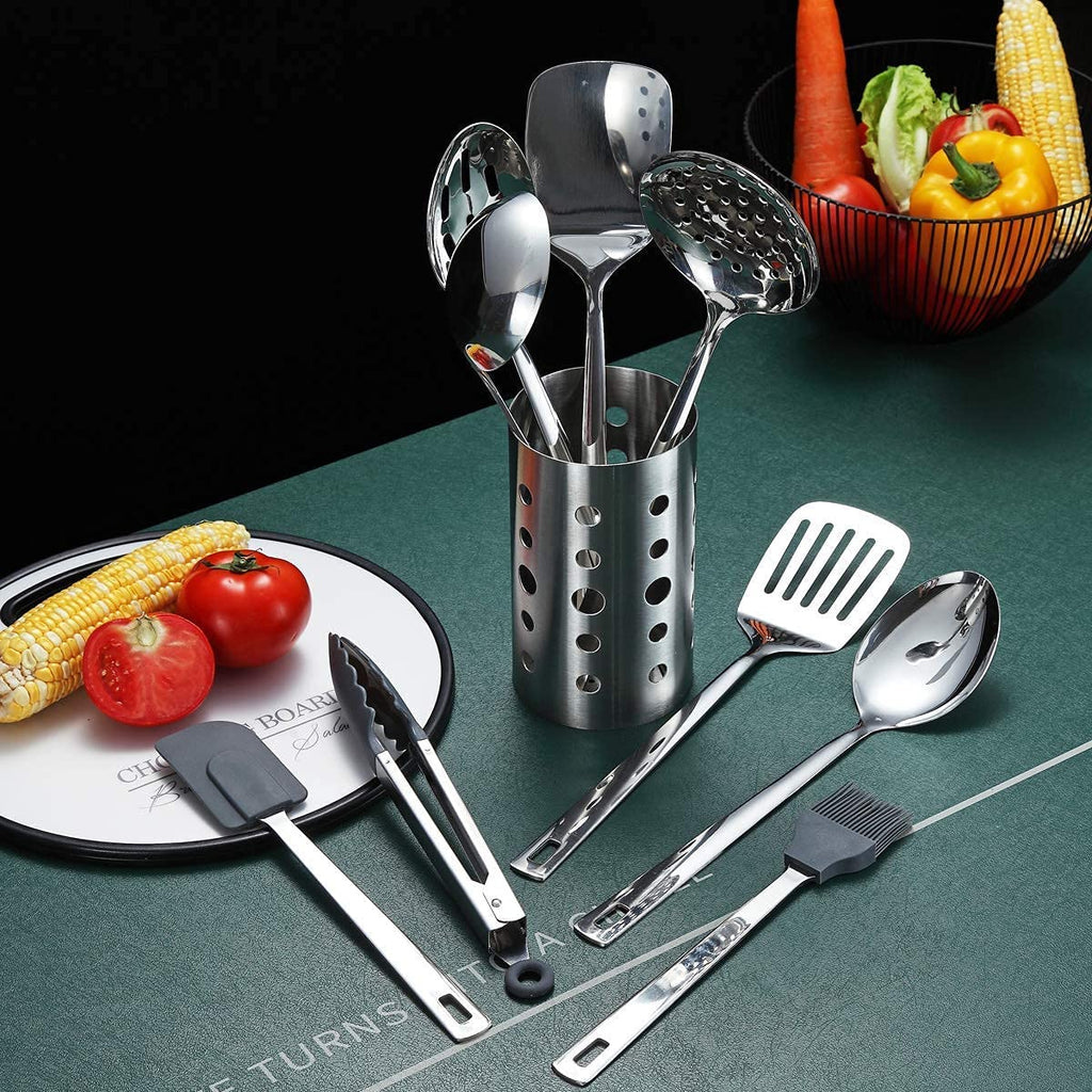 Stainless Steel Cooking Utensils Set, Berglander 13 Pieces Kitchen Utenisls Set, Kitchen Tools Set with Utensil Holder Non-Stick and Heat Resistant,Dishwasher Safe, Easy to Clean (13 Packs)
