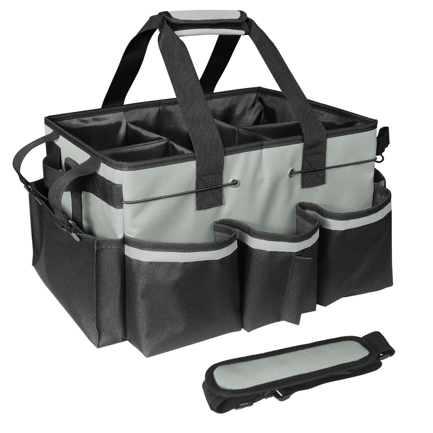 BOHEMIABY Cleaning Bags for Housekeepers, Large Cleaning Supplies Organizer with Handles & Shoulder Strap, Caddy Bag with Foldable Divider for Cleaners, Car Horse Bag (Grey)