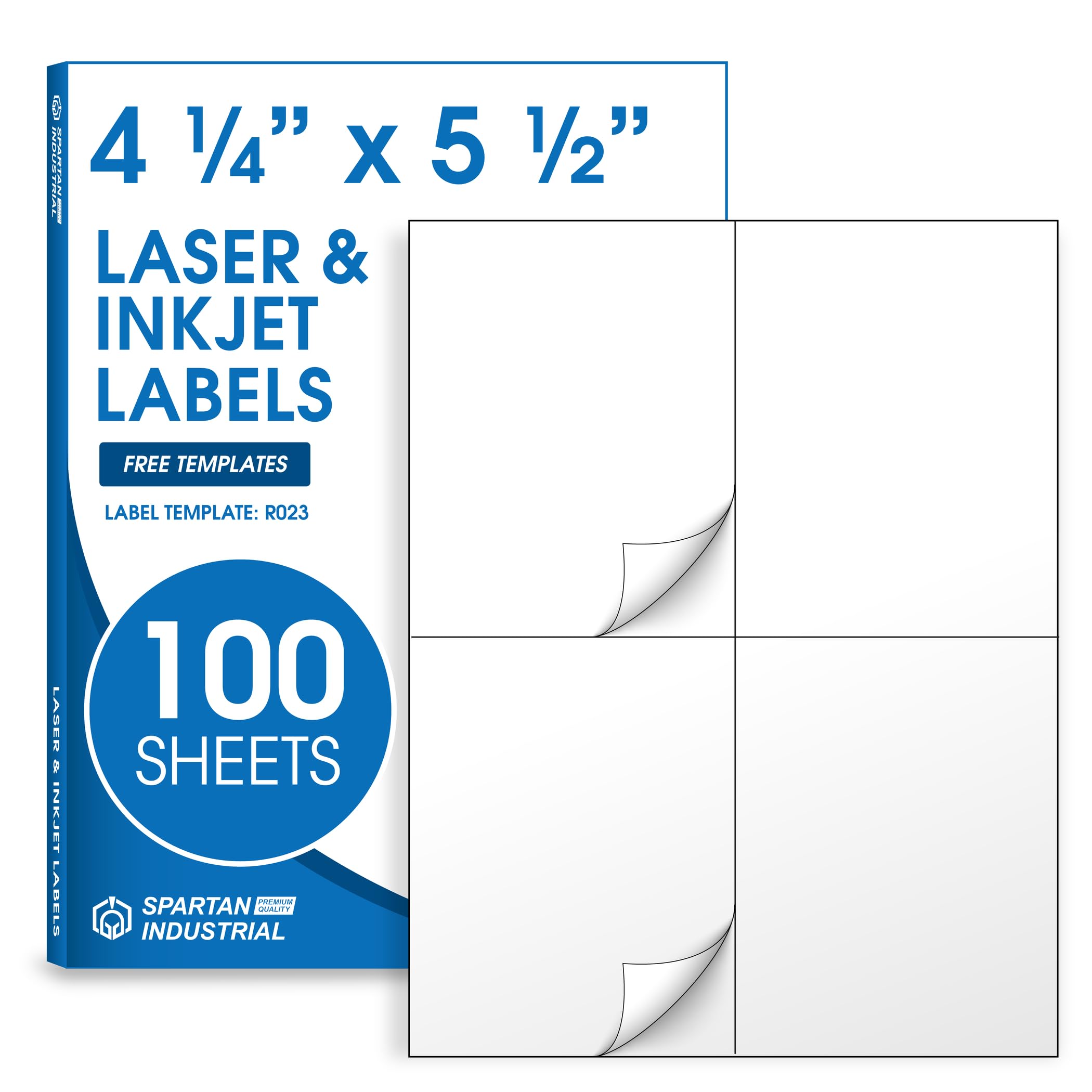 4.25" X 5.5" Matte White Shipping Labels Compatible with Inkjet and Laser Printers - 100 Sheets, 400 Total Printable Stickers for Mailing and Organization - Spartan Industrial Template R023