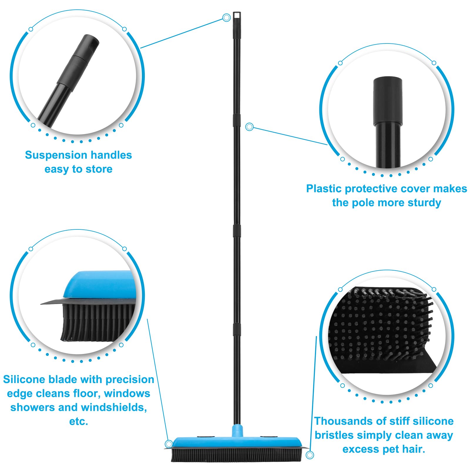 KeFanta Rubber Broom Carpet Rake for Pet Hair Removal, 51" Long Handle Fur Remover Broom with Squeegee, Pet Hair Broom for Carpet, Hardwood Floor, Tile