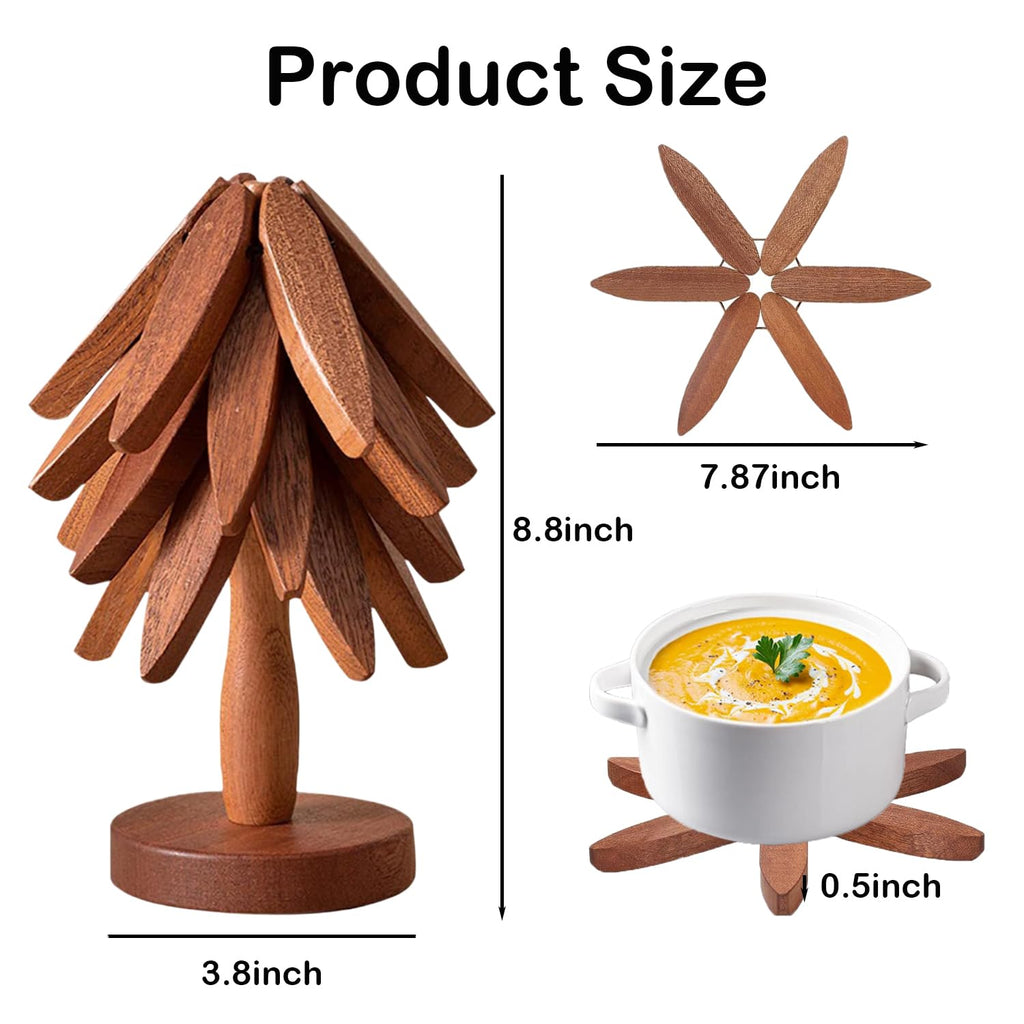 ROXANEPIG Wooden Trivets for Hot Dishes, 4pcs Tree Trivets +1 Stand, Wooden placemat Coaster, Tree Design hot Pot mat, Heat Resistant Folding mat for teapot, pan, Bowl (Black Walnut)