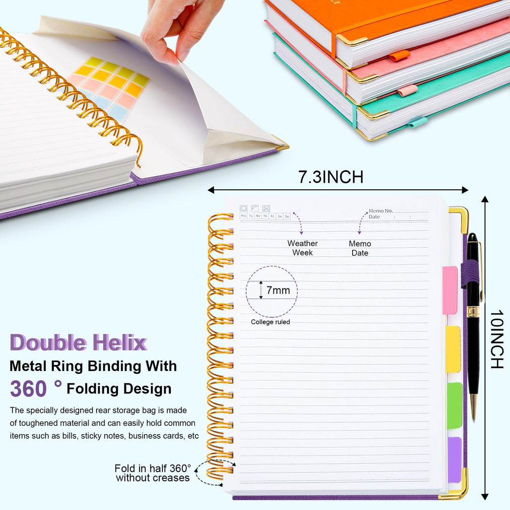 Hardcover Spiral Notebook 8"x10" Journal Notebook with Tabs and Removable Dividers 300 Pages 5 Subject Notebook College Ruled, Faux Leather Spiral Bound Notebook for Women School Work (Purple)