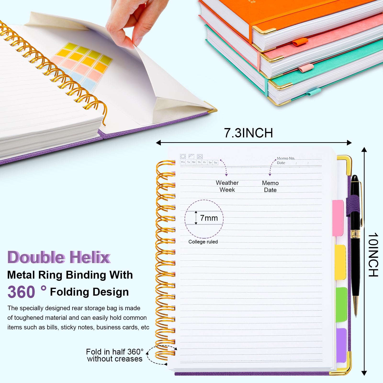 Hardcover Spiral Notebook 8"x10" Journal Notebook with Tabs and Removable Dividers 300 Pages 5 Subject Notebook College Ruled, Faux Leather Spiral Bound Notebook for Women School Work (Purple)