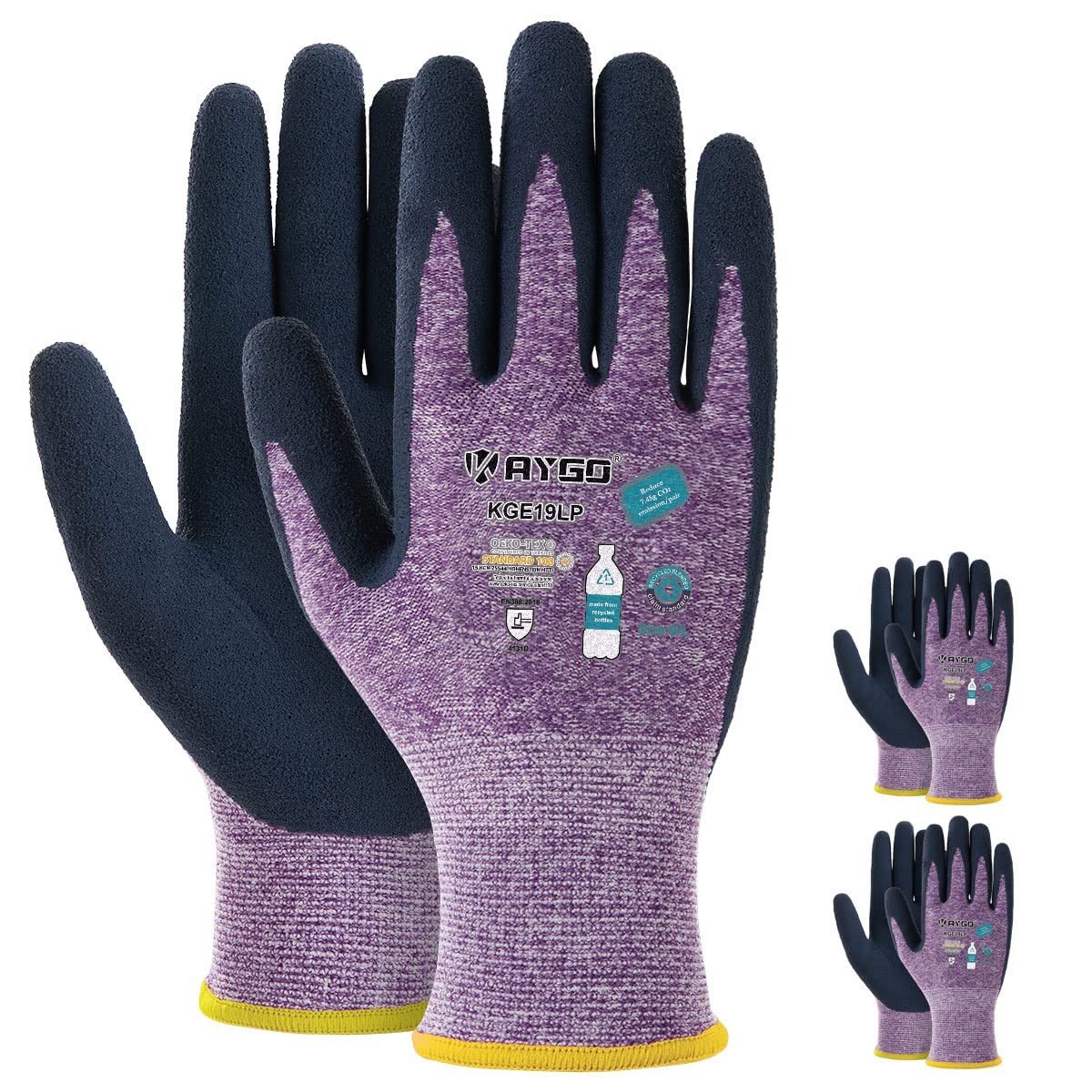 KAYGO Work Gloves for Women, KGE19L Eco Friendly Gloves with Breathable Rubber Coated, 3 Pairs, S, Purple