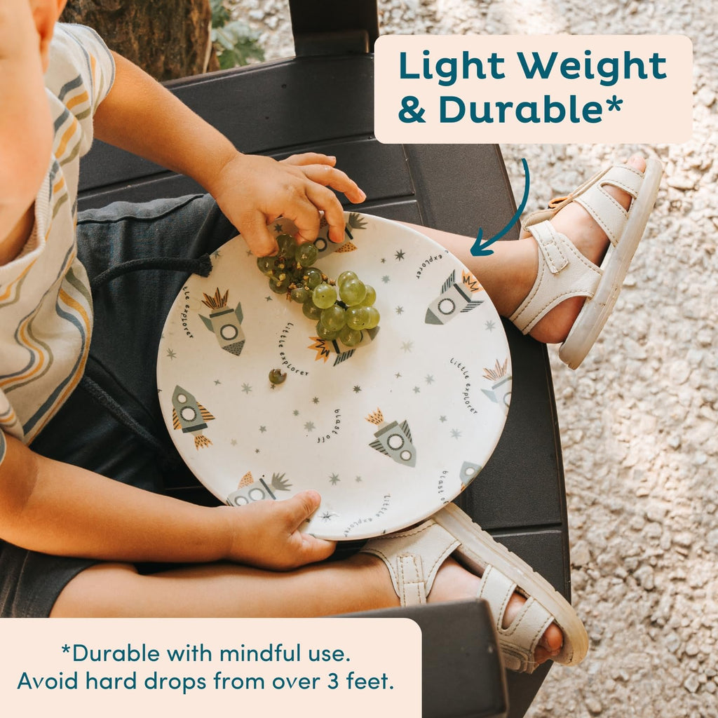 Nook Theory 4 Pack Reusable Bamboo Plates - Non-Toxic Toddler and Kids Plate, Dishwasher Safe, Not Microwavable Dinnerware (Celebration 8")
