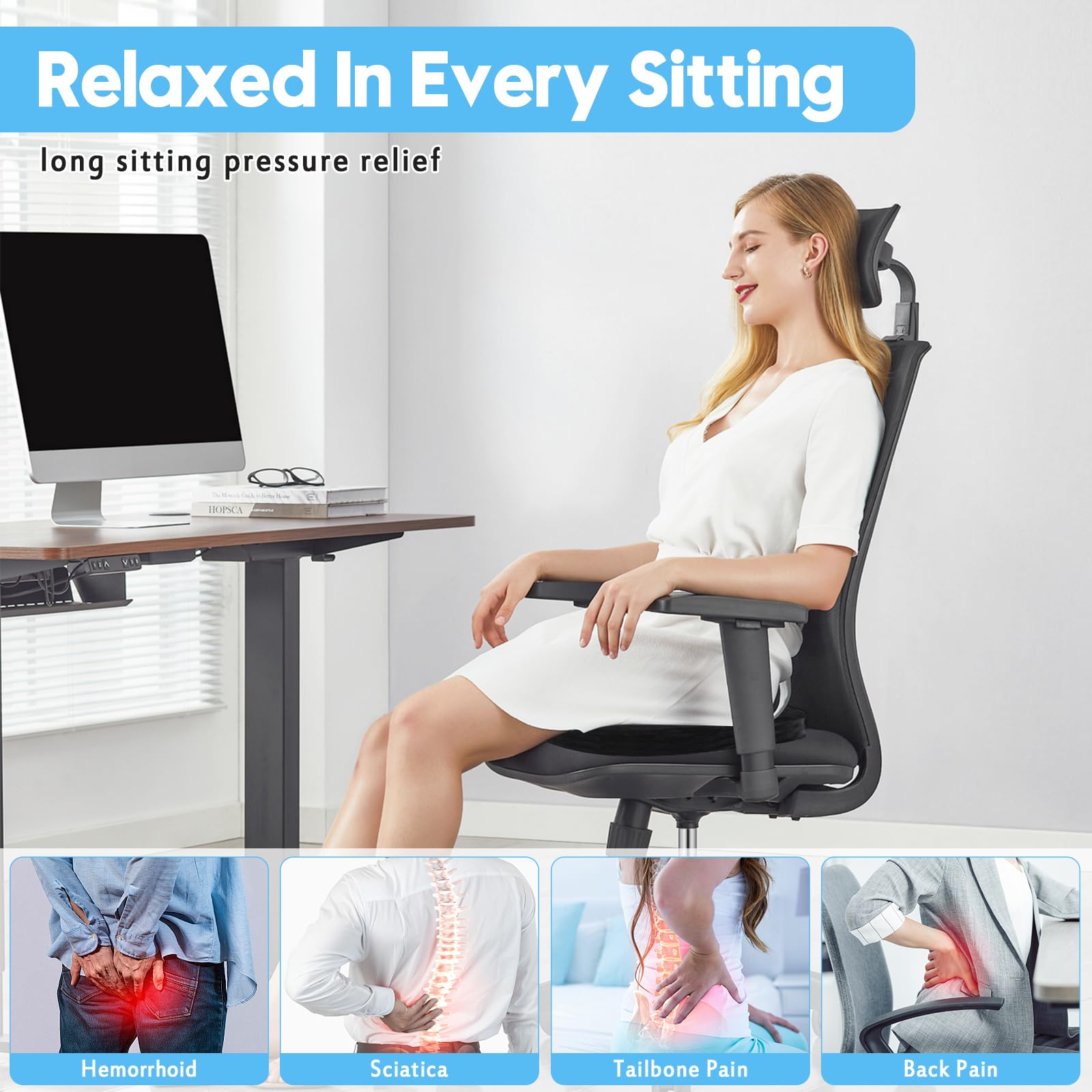 Fenshunder Seat Cushion for Sciatica Relief – Large Ergonomic Memory Foam Pad for Lower Back & Tailbone Support – Orthopedic Cushion for Car, Office Chair, Truck & Wheelchair (Black)