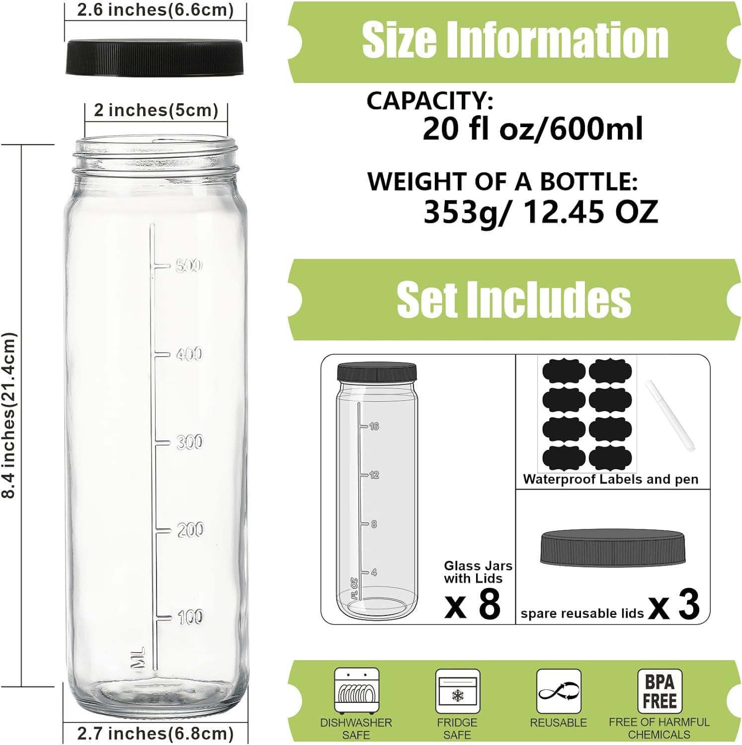 20 Oz 8 Pack Glass Juicing Bottles w Airtight Lids - Reusable Drinking Jars w Scale, Travel Water Cups - Glass Juice Bottle with Lid for Boba, Smoothie, Vanilla Extract