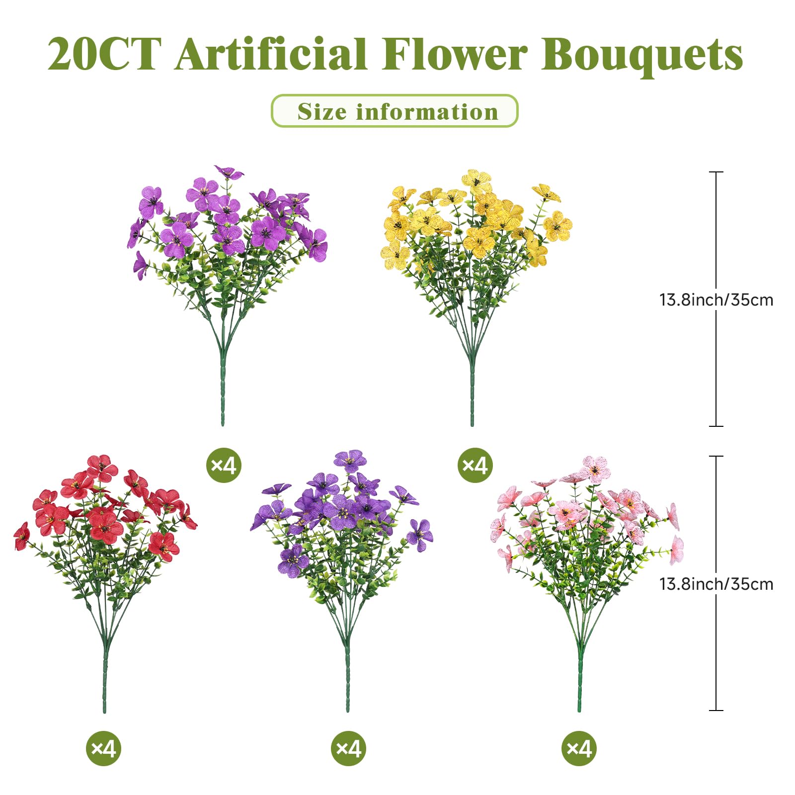 Alupssuc 20 Bundles Artificial Flowers for Outdoor Indoor Decoration, UV Resistant No Fade Fake Plants Eucalyptus, Colorful Faux Spring Flowers for Outside Yard Porch Patio Garden Home Window Box