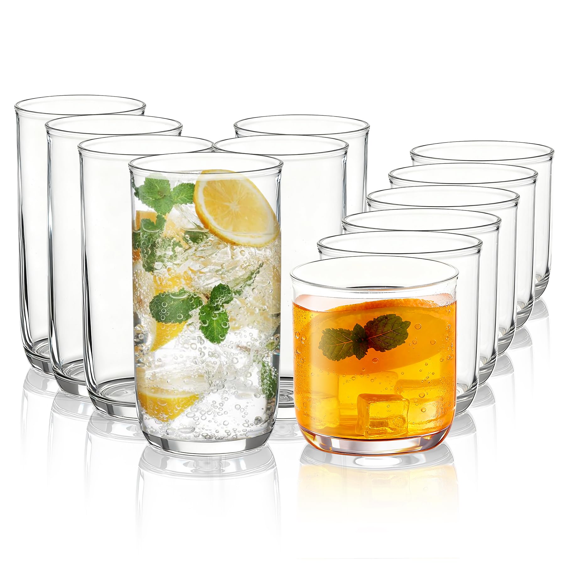 Kyraton Drinking Glasses Set of 12, PET Clear Plastic Highball Glasses 420ml & Whisky Cocktail Glasses Set 340ml, Heavy Duty Unbreakable Water Glasses Cup Tumbler Glassware for Beer, Juice, Milk