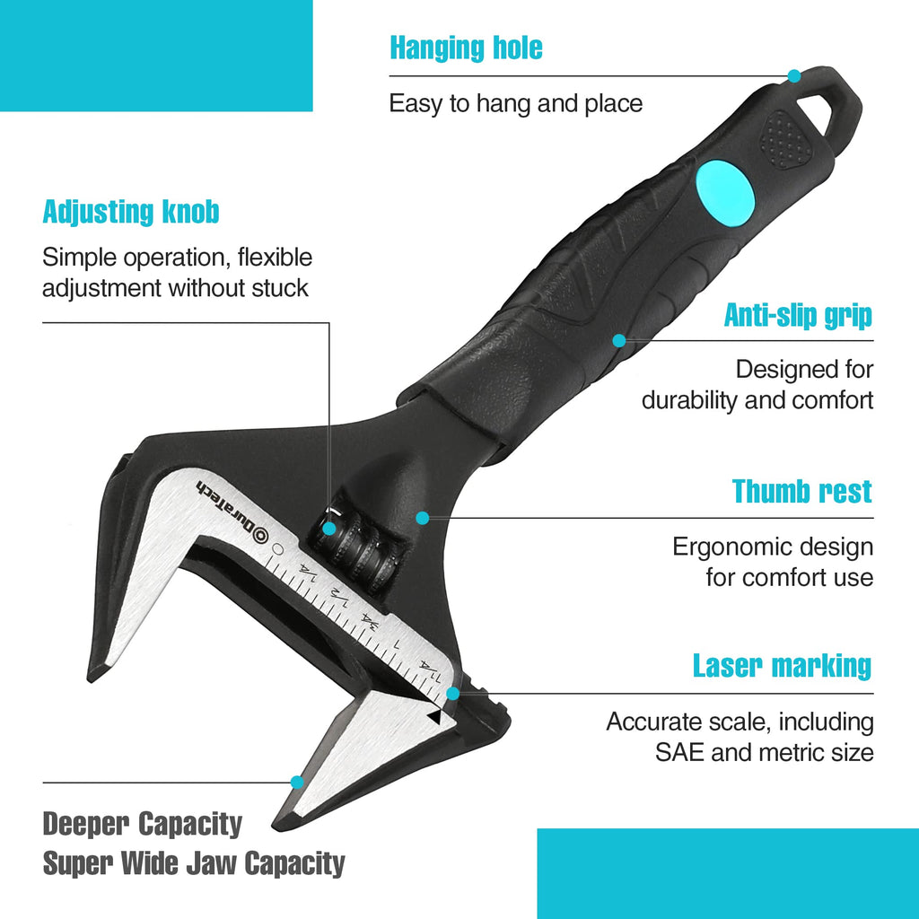 DURATECH 8-Inch Adjustable Wrench, Wide Jaw Opening Black Oxide Finish Plumbing Wrench, CR-V Steel, SAE and Metric Scale Marked, Ergonomic Grip