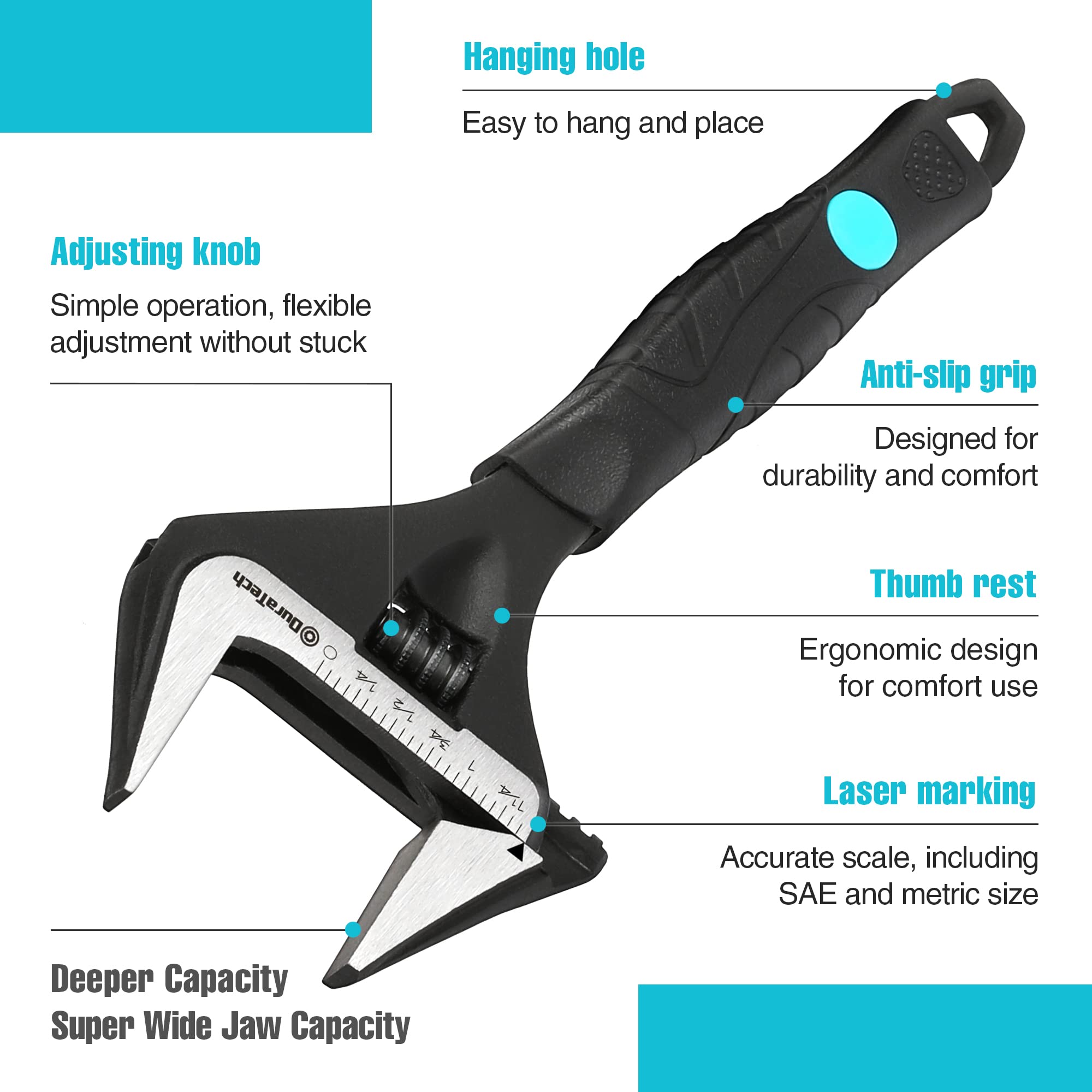 DURATECH 8-Inch Adjustable Wrench, Wide Jaw Opening Black Oxide Finish Plumbing Wrench, CR-V Steel, SAE and Metric Scale Marked, Ergonomic Grip