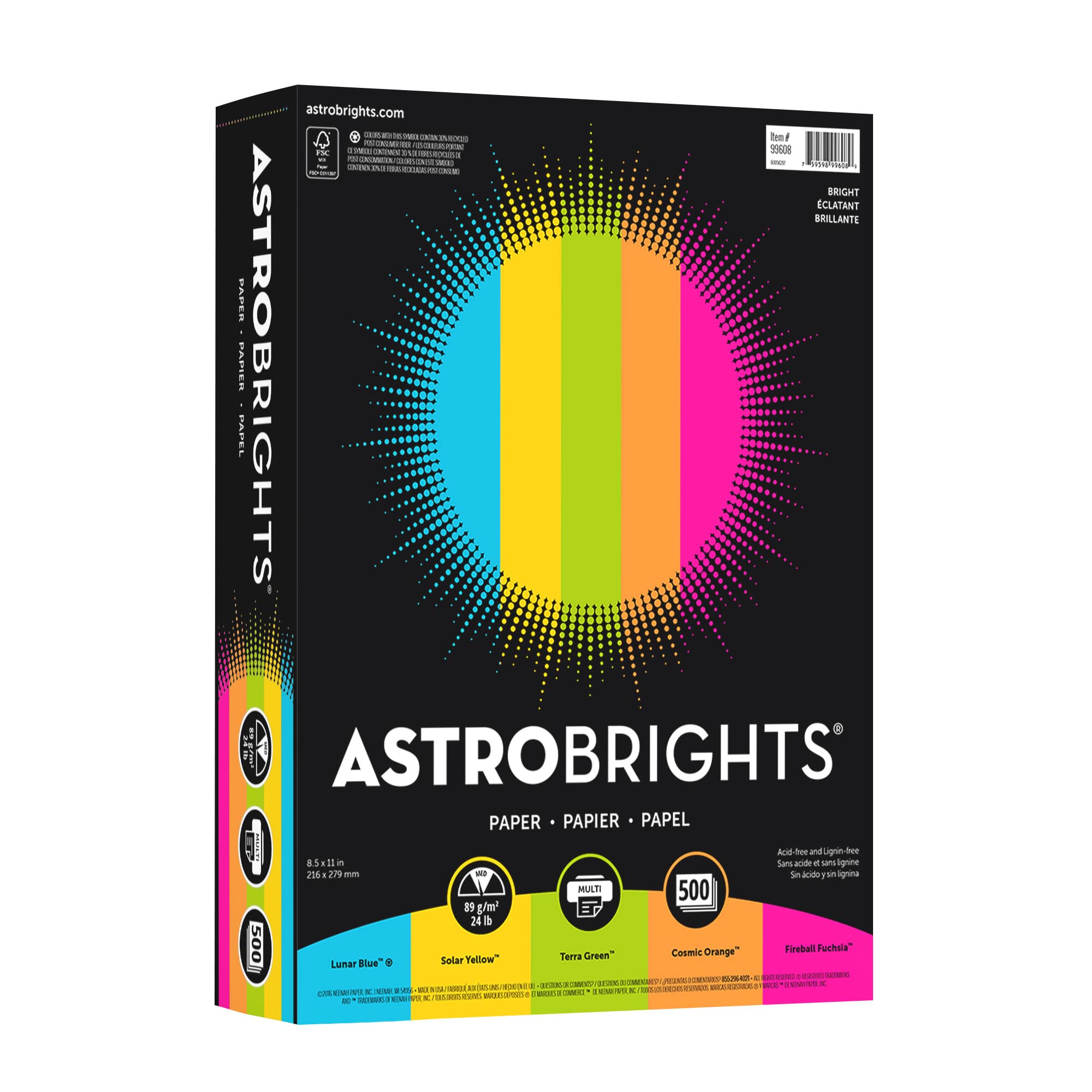 Astrobrights Color Paper, 8.5” x 11”, 24 lb / 89 gsm, “Brights” 5-Color Assortment, 500 Sheets