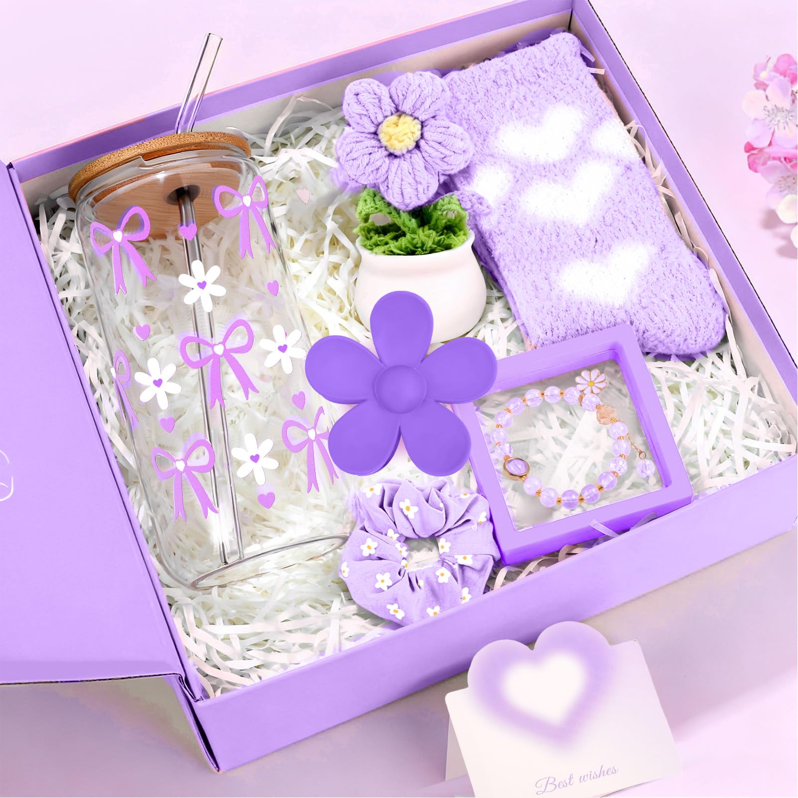 Teen Birthday Gifts for Girls, Birthday Gifts for Teen Girls Women Sister Friends Daughter Niece, 7 Pcs Cute Daisy Bow Glass Cups Back to School Gift Basket for Teenage Girl