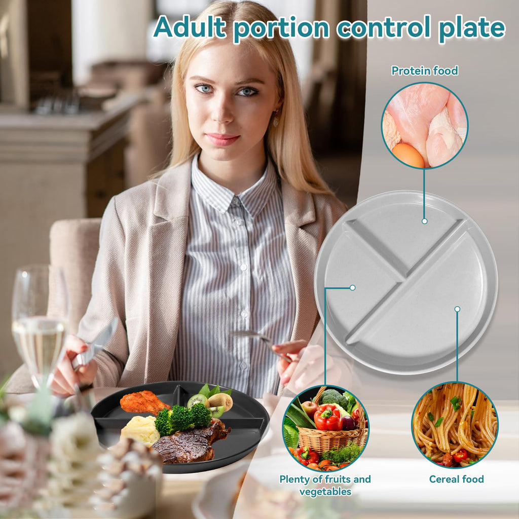 DYB DONGYONGBAO Portion Control Plate 9 Inch 5 Piece, Plastic Divided Plates for Adults with 3 Compartments, Microwave and Dishwasher Safe，Suitable for Adult and Kids