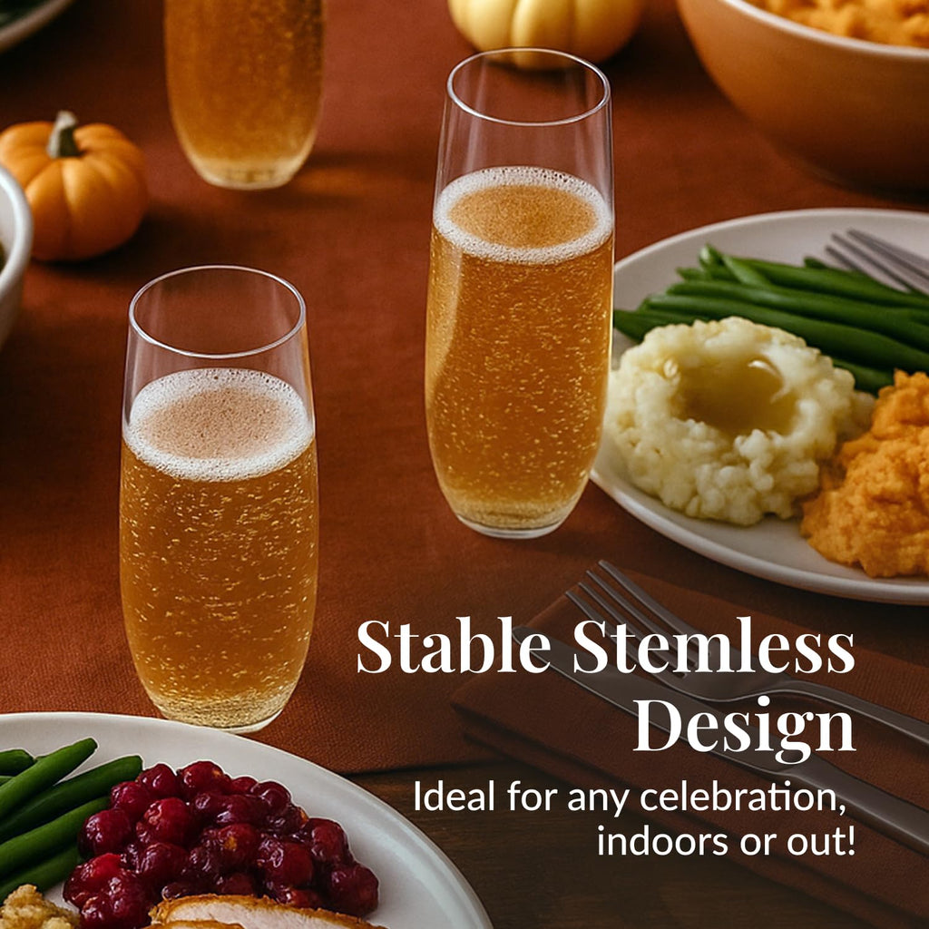 Prestee 24 Stemless Plastic Champagne Flutes - 9 oz Plastic Champagne Clear Shatterproof Toasting Glasses - Unbreakable, Disposable, Reusable for Weddings or Parties