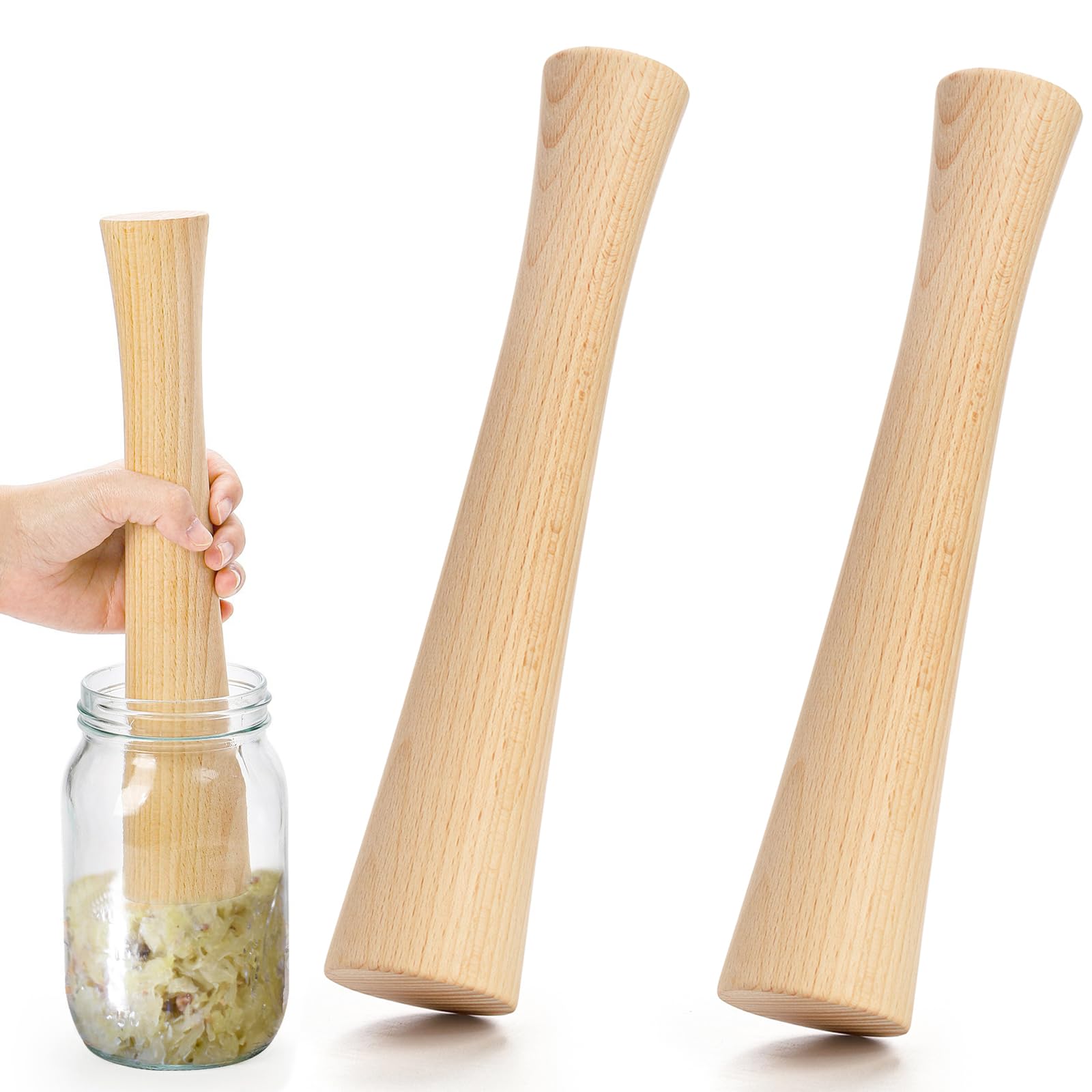 Hiceeden 2 Pack Solid Wooden Sauerkraut Pounder for Mason Jars, 12" Cabbage Kimchee Pickle Ponder Tamper, Vegetable Fermentation Tamper, Food Packer and Masher