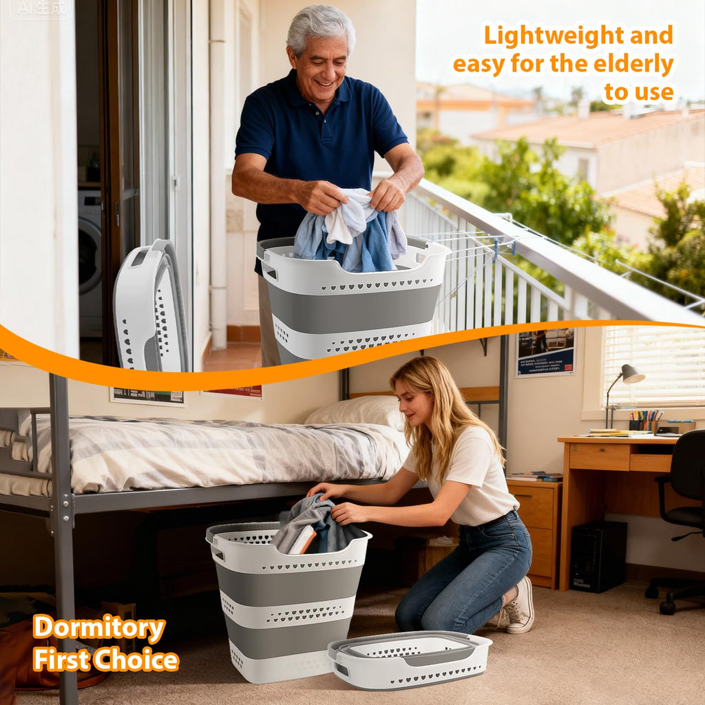 Collapsible Plastic Laundry Basket Hamper with Handles, Foldable Laundry Basket, Pop Up Storage Container Organizer for Washing Storage (1, Gery, 42L)