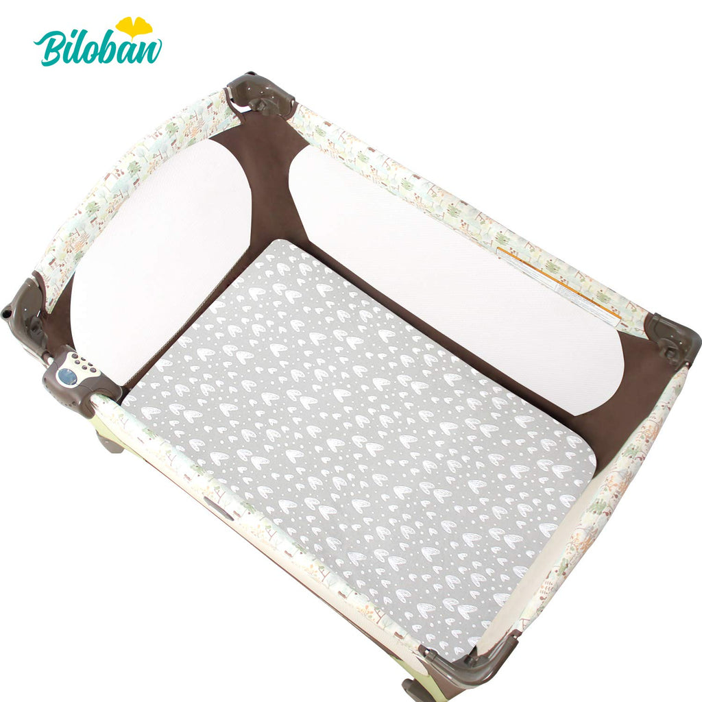 Biloban Pack and Play Sheets, 2 Pack, 100% Natural Cotton Jersey Knit Fitted for Pack and Play Playard, Soft Breathable, Preshrunk, Gray Stars