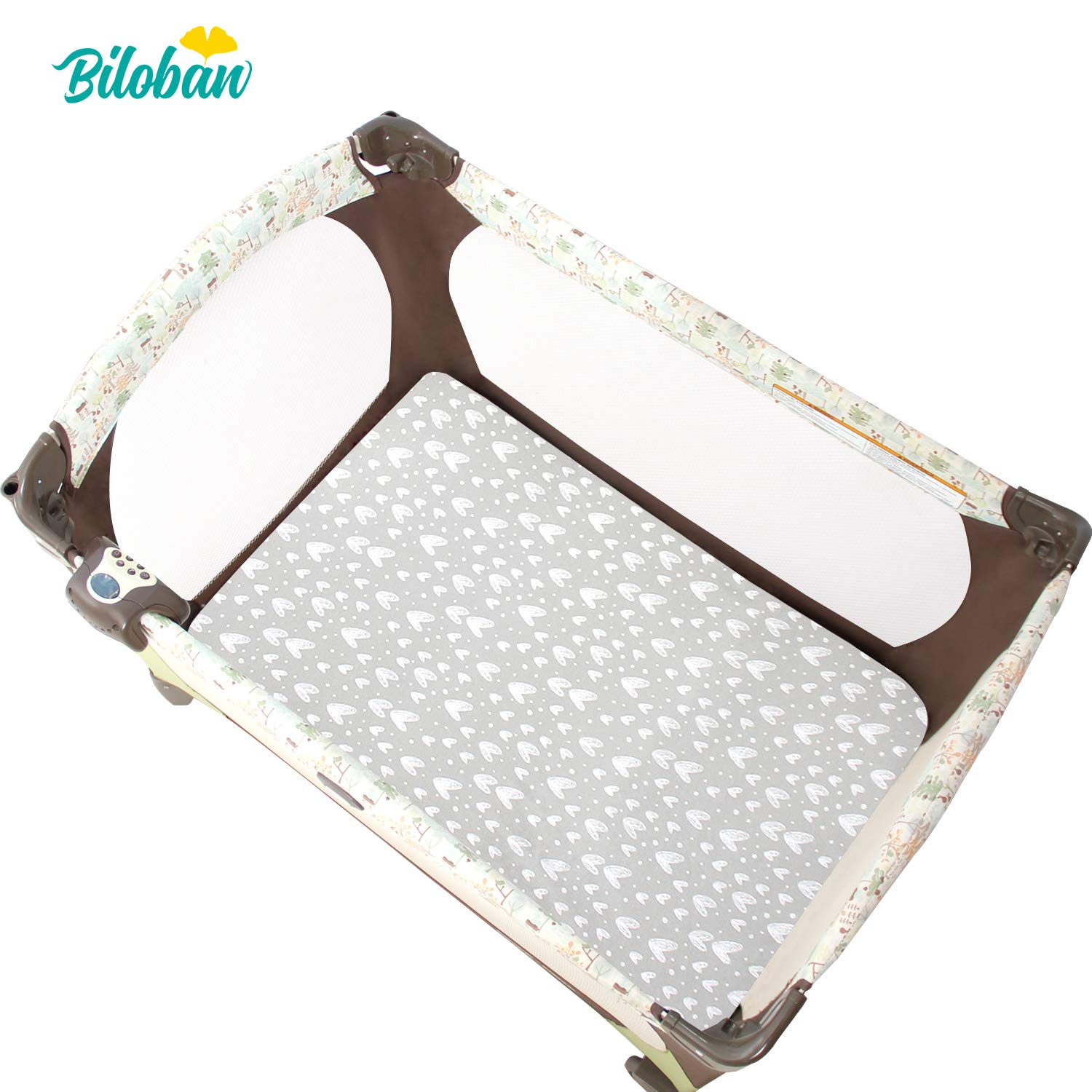Biloban Pack and Play Sheets, 2 Pack, 100% Natural Cotton Jersey Knit Fitted for Pack and Play Playard, Soft Breathable, Preshrunk, Gray Stars